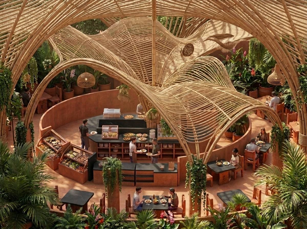 Interiorismo de cafetería en Club San Javier, Zapopan, Jalisco: estructura orgánica de bambú y vegetación exuberante — AVives Arquitectos