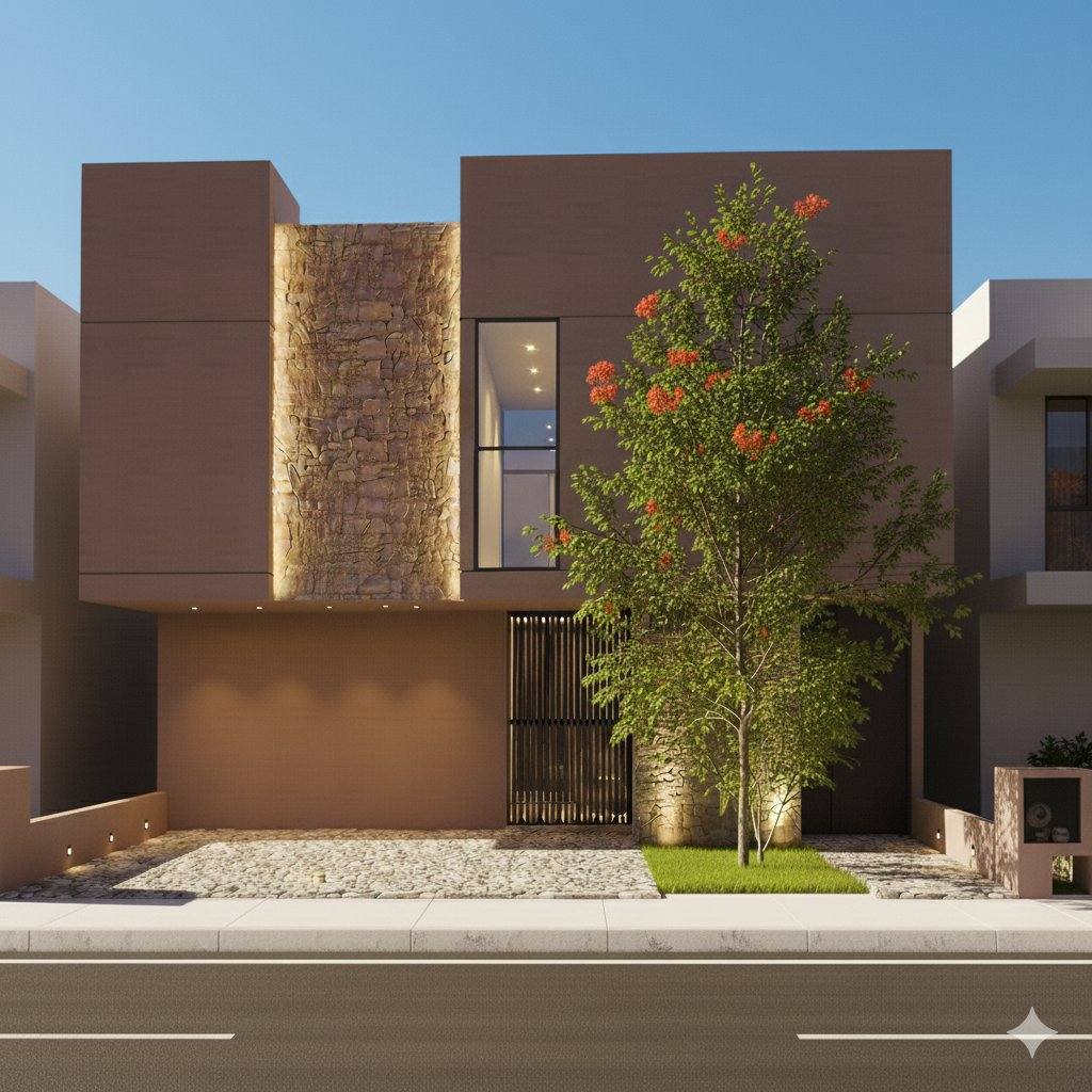 Fachada de casa residencial en Querétaro con acabado en tierra y muros de piedra natural iluminados — AVives Arquitectos