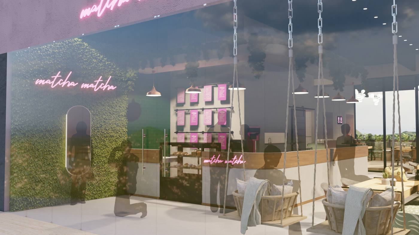 Interiorismo de restaurante Matcha Matcha en Querétaro: neón rosa, arcos verdes y terraza panorámica — AVives Arquitectos