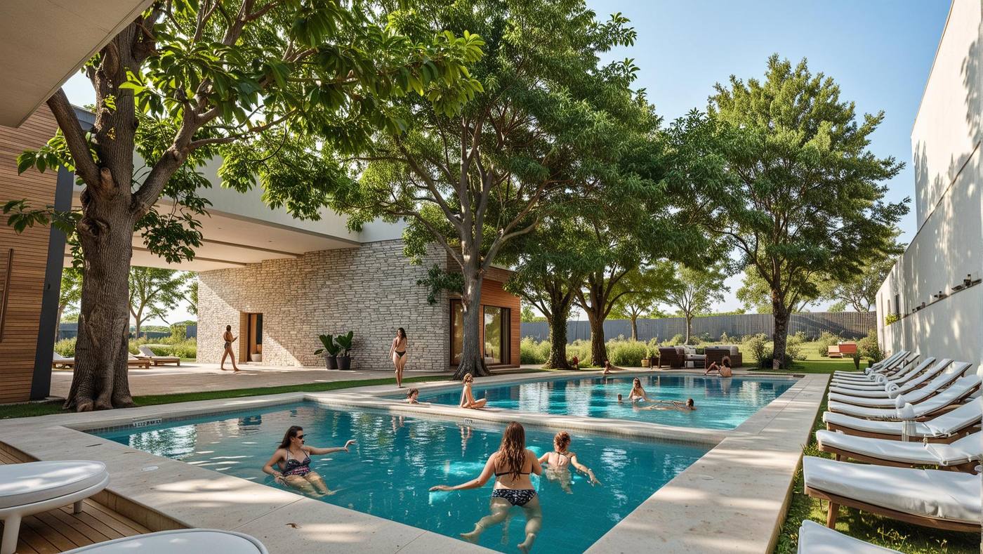 Desarrollo residencial Valle Magno en Xalisco, Nayarit: terraza para eventos, alberca y zona de bienestar integradas a la naturaleza — AVives Arquitectos