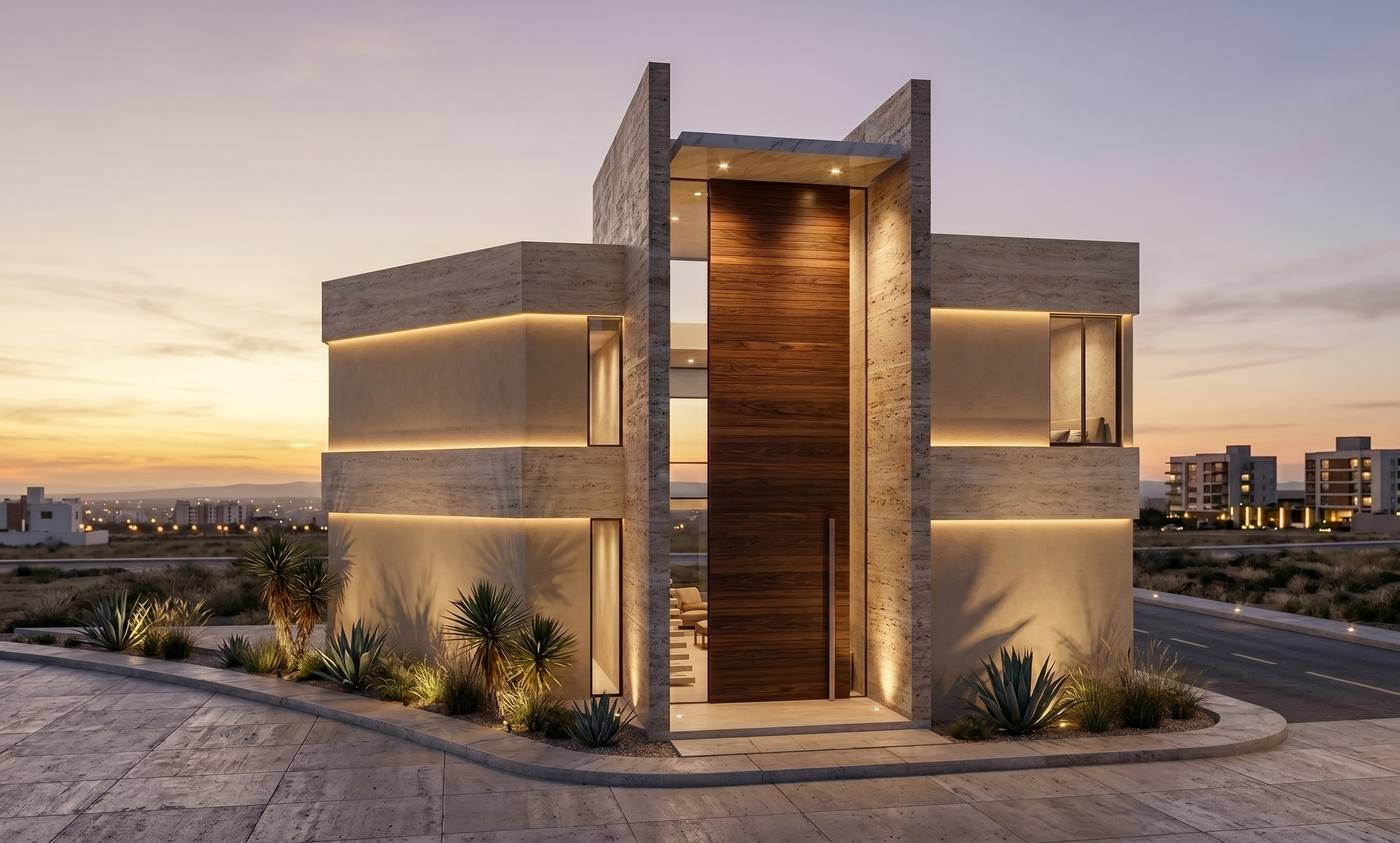 Casa residencial en Zaanse Reserva, Tequisquiapan, Querétaro: volumetría en travertino y madera que al atardecer se convierte en escultura contemporánea — AVives Arquitectos